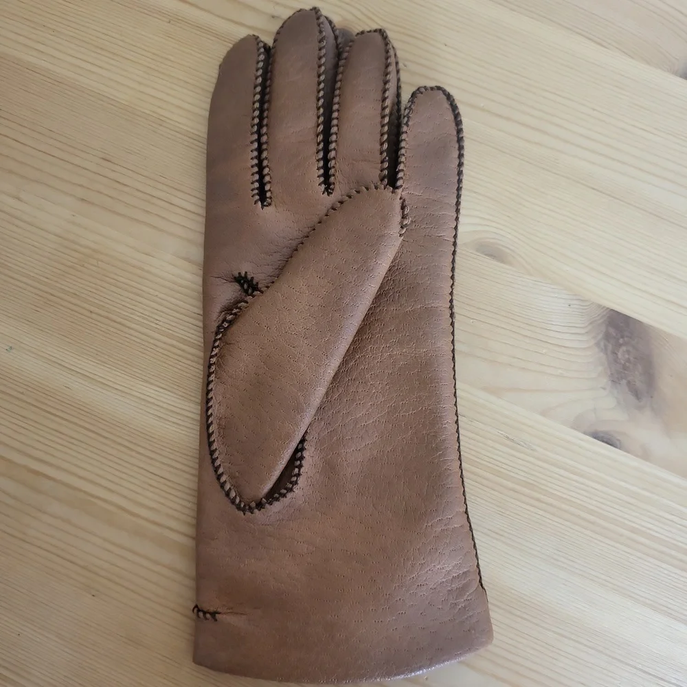 Vintage Fownes Brown Leather Gloves Black Stitching Small